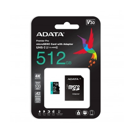 ADATA 512GB SD micro Premier Pro (SDXC Class 10 UHS-I) (AUSDX512GUI3V30SA2-RA1) memória kártya adapterrel ADATA 512GB SD micro Premier Pro (SDXC Class 10 UHS-I) (AUSDX512GUI3V30SA2-RA1) memória kártya adapterrel