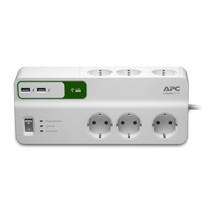 APC PM6-GR SurgeArrest / PROTECTOR / túlfeszültségvédő elosztó, 1,8 méteres, 5 DIN, 2 USB APC PM6-GR SurgeArrest / PROTECTOR / túlfeszültségvédő elosztó, 1,8 méteres, 5 DIN, 2 USB