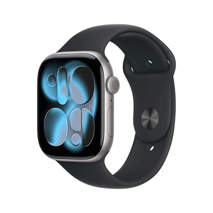 Apple Watch S11 okosóra – Cellular (42mm) asztroszürke alumínium tok, fekete S/M sportszíjas