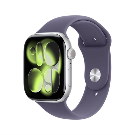 Apple Watch S11 okosóra – Cellular (42mm) ezüst alumínium tok, ködös lila M/L sportszíjas