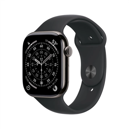 Apple Watch S11 okosóra – Cellular (42mm) palaszürke titánium tok, fekete S/M sportszíjas