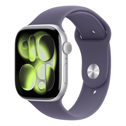 Apple Watch S11 okosóra – GPS-es (46mm) ezüst alumínium tok, ködös lila S/M sportszíjas