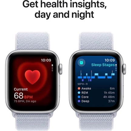 Apple Watch SE2 v3 GPS (44mm) ezüst alumínium tok, fakókék sportszíj okosóra
