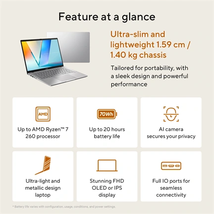 Asus Vivobook S14 M3407HA notebook 14" WUXGA, AMD Ryzen 7 260, 16GB, 1TB SSD, Windows 11 Home, matt szürke