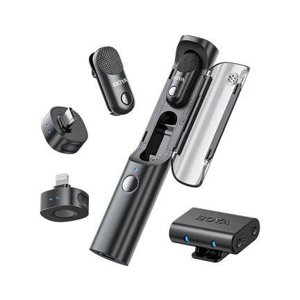 BOYA MAGIC - 3 vevő + 2 adó + 1 töltőtok + 1 többfunkciós tárolótáska, Type-C, Lightning, 3,5 mm-es kamera-vevő, fekete
