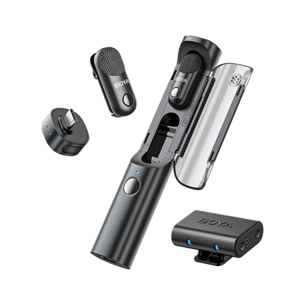 BOYA Magic - 2 vevő + 2 adó + 1 töltőtok + 1 többfunkciós tárolótáska, Type-C, 3,5 mm-es kamera-vevő, fekete