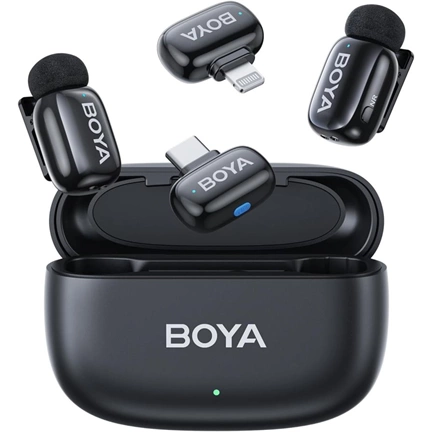BOYA Mini - Ultrakompakt vezeték nélküli mikrofon 2 adó + 2 vevő (USB-C + Lightning csatlakozó) + 1 töltőtok. Fekete