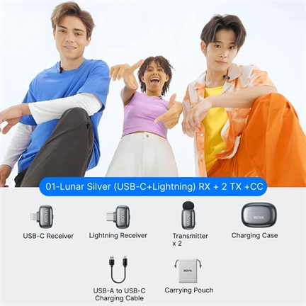 BOYA Mini 2 - 2 adó + 2 vevő (USB-C és Lightning csatlakozóval) + 1 töltőtok. - Szürke