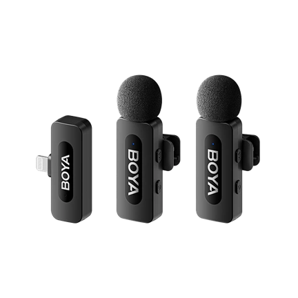BOYA V Series vezeték nélküli mikrofon Lightning csatlakozós eszközökhöz, 2 adó + 1 vevő BOYA V Series vezeték nélküli mikrofon Lightning csatlakozós eszközökhöz, 2 adó + 1 vevő
