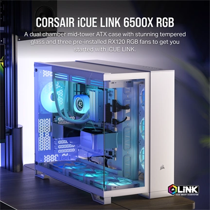 CORSAIR 6500X Tempered Glass Dual-Chamber - White RGB iCue