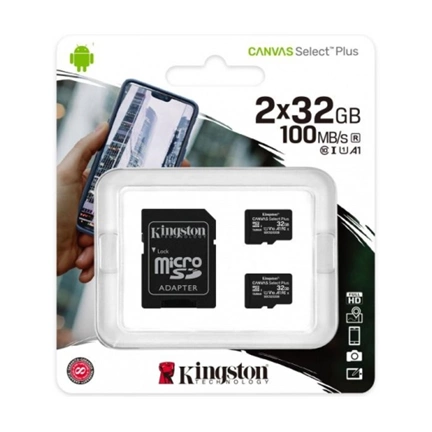 Card Micro SDHC Kingston 32GB Canvas Select 2P 2PC 100R A1 C10 + Adapter