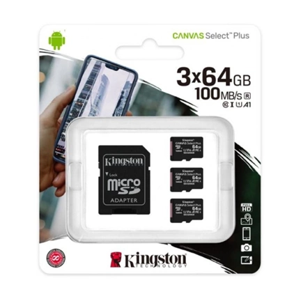 Card Micro SDXC Kingston 64GB Canvas Select 3P 3PC 100R A1 C10 + Adapter