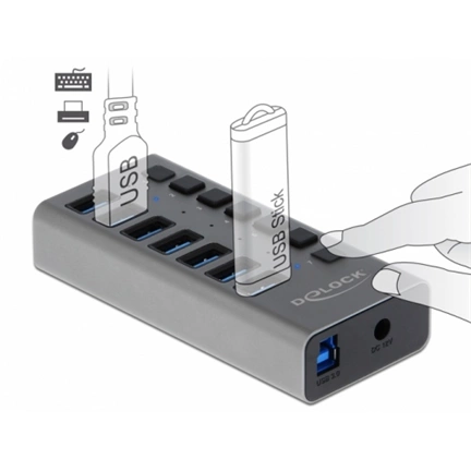 DELOCK külső SuperSpeed USB hub 7 bemenettel és kapcsolóval