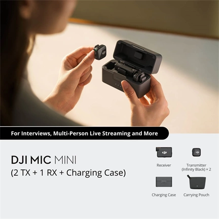 DJI Mic Mini vezeték nélküli mikrofonrendszer (2 jeladó + 1 vevőegység + töltőtok) DJI Mic Mini vezeték nélküli mikrofonrendszer (2 jeladó + 1 vevőegység + töltőtok)