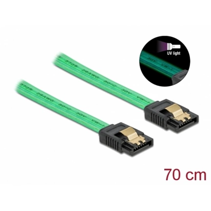 Delock 6 Gb/s SATA kábel UV fényhatással zöld színű, 70 cm