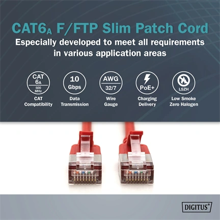 Digitus CAT 6A F-FTP keskeny patch kábel, 0,3 m, piros, 10 db