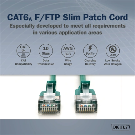 Digitus CAT 6A F-FTP keskeny patch kábel, 1 m, zöld, 10 db