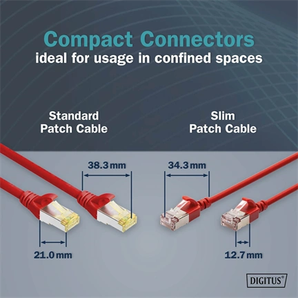 Digitus CAT 6A F-FTP keskeny patch kábel, 3 m, piros, 10 db