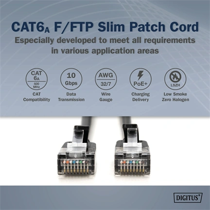 Digitus CAT 6A F-FTP keskeny patch kábel, 5 m, fekete, 10 db