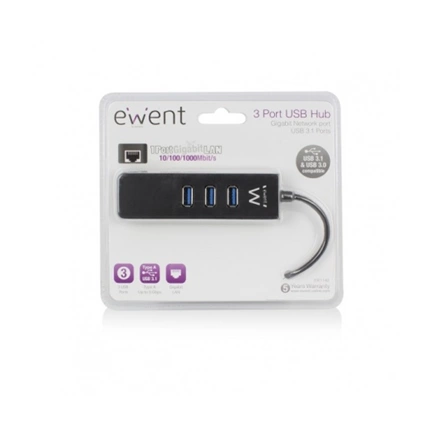 Ewent EW1140 USB 3.1 HUB 3 Port + Gigabit port Black