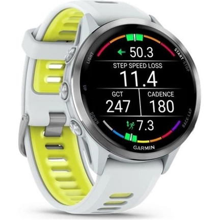Garmin Forerunner 970 prémium futóóra - fehérkő tok és fehérkő/átlátszó élénk sárga szíj