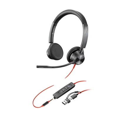 HP Poly Blackwire 3325 sztereó USB-C headset Microsoft Teams-tanúsítvánnyal + 3,5 mm-es csatlakozó + USB-C–USB-A-adapter