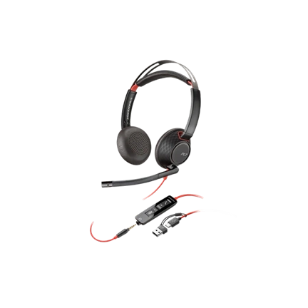 HP Poly Blackwire 5220 sztereó USB-C headset + 3,5 mm-es csatlakozó + USB-C–USB-A-adapter (csomagban)