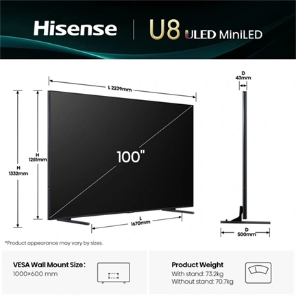 Hisense 100" U8Q televízió 4K 165Hz ULED MiniLED Smart TV, Vidaa OS