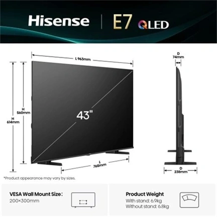 Hisense 43" E7Q televízió QLED 4K UHD Smart TV, Vidaa OS