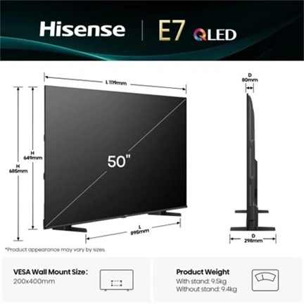Hisense 50" E7Q televízió QLED 4K UHD Smart TV, Vidaa OS