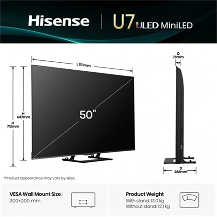 Hisense 50" U7Q televízió 4K 144Hz ULED MiniLED Smart TV, Vidaa OS