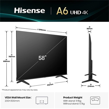 Hisense 58" A6Q televízió 4K UHD Smart TV, Vidaa OS