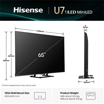 Hisense 65" U7Q televízió 4K 144Hz ULED MiniLED Smart TV, Vidaa OS