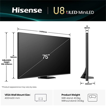 Hisense 75" U8Q televízió 4K 165Hz ULED MiniLED Smart TV, Vidaa OS