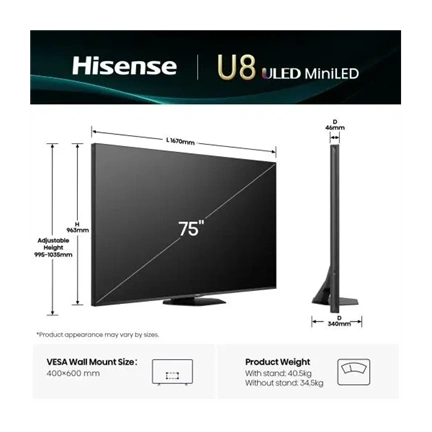 Hisense 75" U8Q televízió 4K 165Hz ULED MiniLED Smart TV, Vidaa OS