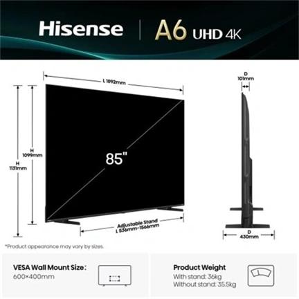 Hisense 85" A6Q televízió 4K UHD Smart TV, Vidaa OS