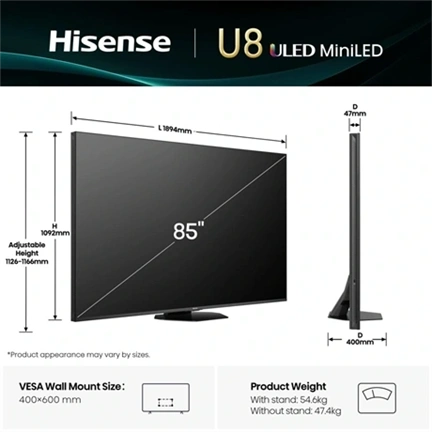 Hisense 85" U8Q televízió 4K 165Hz ULED MiniLED Smart TV, Vidaa OS