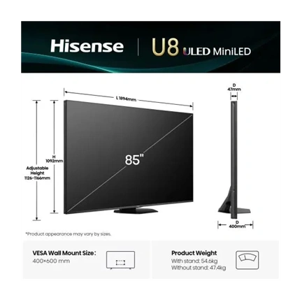 Hisense 85" U8Q televízió 4K 165Hz ULED MiniLED Smart TV, Vidaa OS