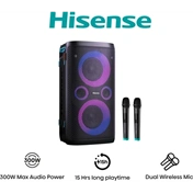 Hisense Party Storm bulihangszóró, 300 W, Bluetooth 5.0, 2 db vezeték nélküli mikrofonnal