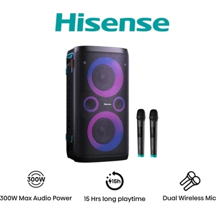 Hisense Party Storm bulihangszóró, 300 W, Bluetooth 5.0, 2 db vezeték nélküli mikrofonnal