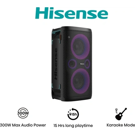 Hisense Party Storm bulihangszóró, 300 W, Bluetooth 5.0, 2 db vezeték nélküli mikrofonnal