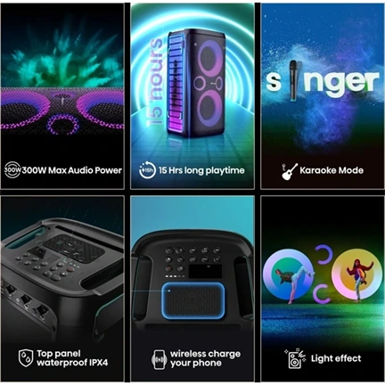 Hisense Party Storm bulihangszóró, 300 W, Bluetooth 5.0, 2 db vezeték nélküli mikrofonnal