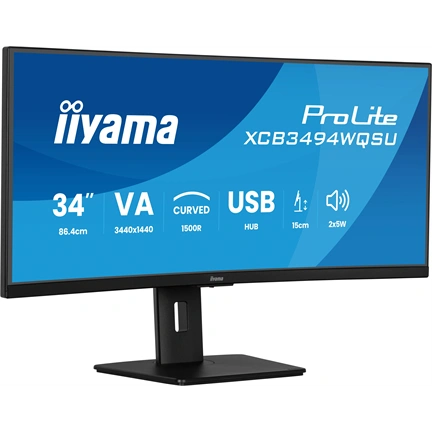Iiyama ProLite XCB3494WQSU-B1 monitor 34" UWQHD hajlított 1500R VA 120Hz, USB-C hub, 2x5W