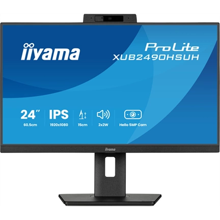 Iiyama ProLite XUB2490HSUH-B2 monitor - 23,8" FHD IPS, Windows Hello webkamera, állítható magasság, pivot