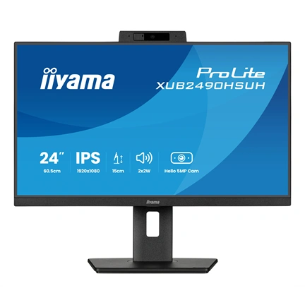 Iiyama ProLite XUB2490HSUH-B2 monitor - 23,8" FHD IPS, Windows Hello webkamera, állítható magasság, pivot