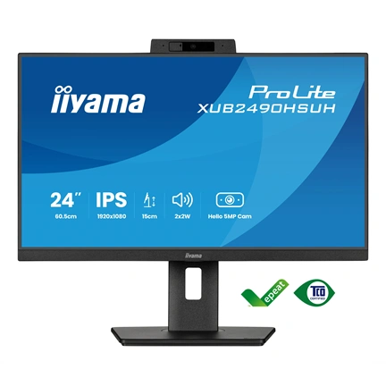 Iiyama ProLite XUB2490HSUH-B2 monitor - 23,8" FHD IPS, Windows Hello webkamera, állítható magasság, pivot