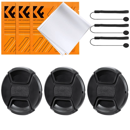K&F Concept 3db objektívvédő sapka zsinórral + 3db törlőkendő, 49mm