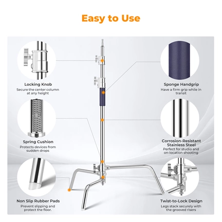 K&F Concept C-Stand állvány, 149cm-330cm, 20kg teherbírás, rozsdamentes acél