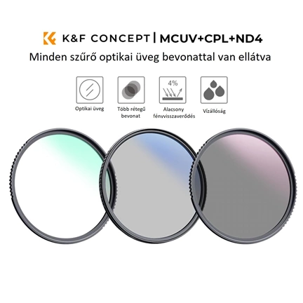 K&F Concept Professzionális szűrő szett + szűrőtartó tok (UV+CPL+ND4) 52mm