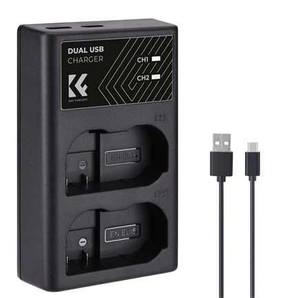 K&F Concept hordozható dupla MH-25 akkumulátor töltő, USB-C, 2db EN-EL15 akkumulátorhoz